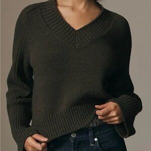 Anthropologie V-Neck Sweater with bell sleeves- Dark Green